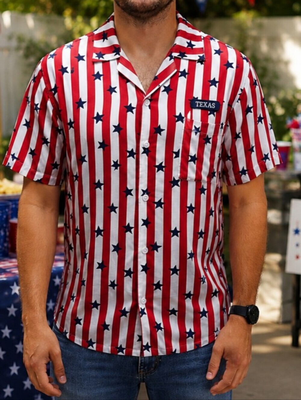 Home Free Patriotic Stars & Stripes "TEXAS" patch Button-Front Shirt Size Medium